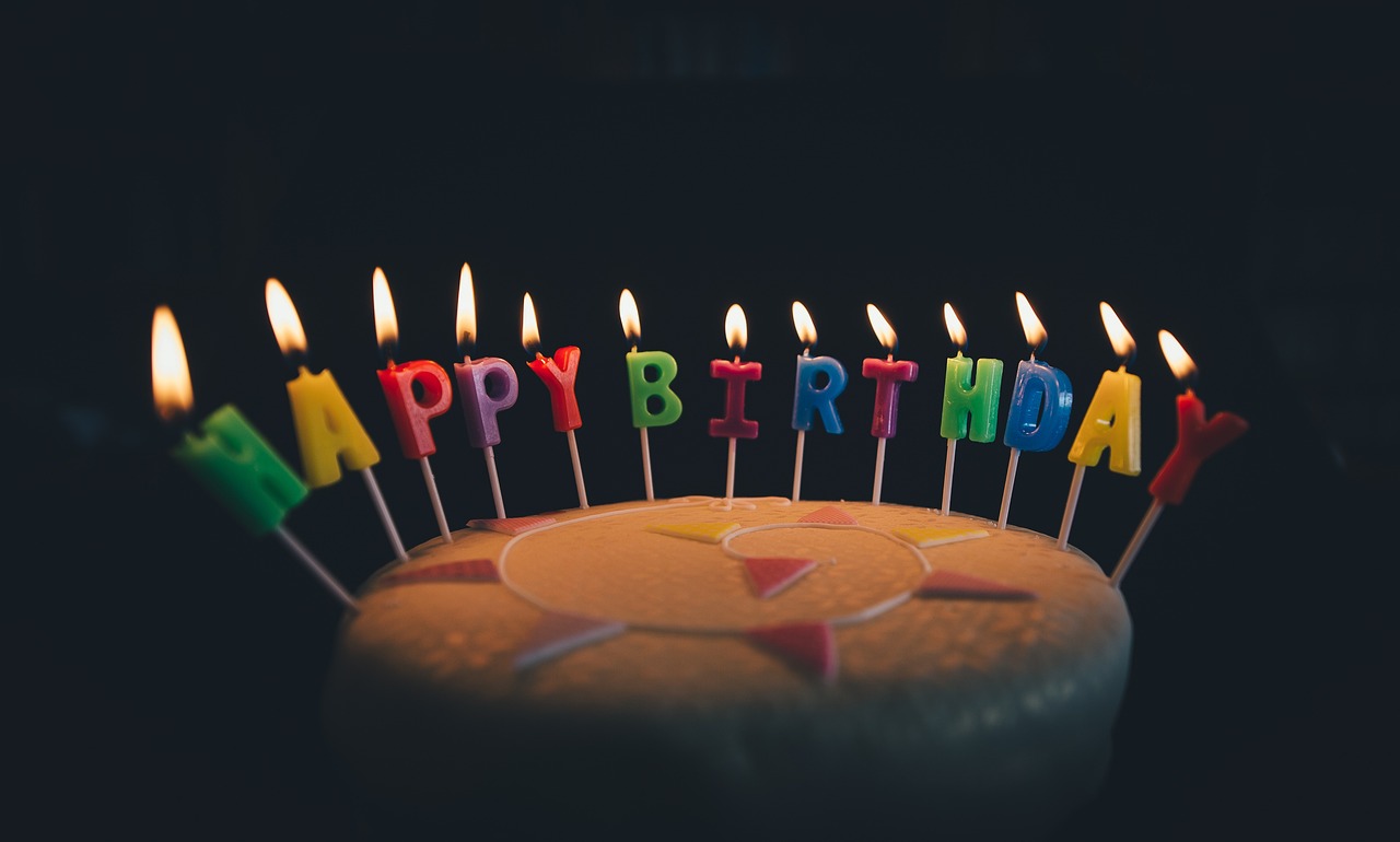 lit happy birthday candles on cake