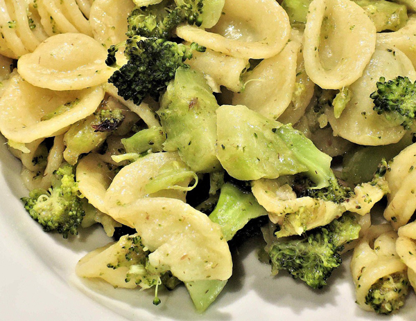 Orecchiette pasta in a vegan cream sauce with Broccoli throughout