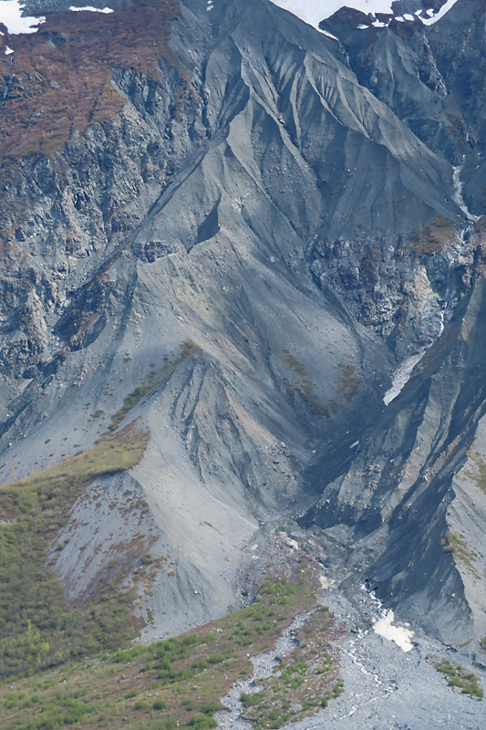 Mountain side of grey waves flowing down hill topped in red plants and green on bottom
