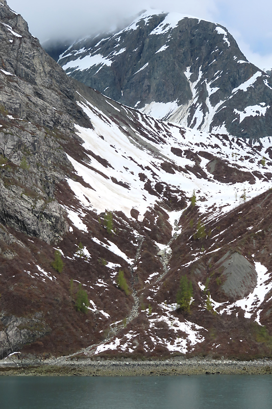 grey Mountain and brown hillside with snow patches and red plants and a few green trees